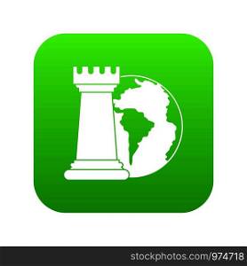 World planet and chess rook icon digital green for any design isolated on white vector illustration. World planet and chess rook icon digital green