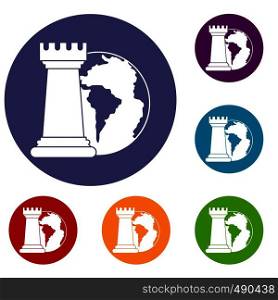 World planet and chess rook icons set in flat circle red, blue and green color for web. World planet and chess rook icons set