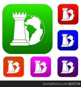 World planet and chess rook set icon color in flat style isolated on white. Collection sings vector illustration. World planet and chess rook set color collection