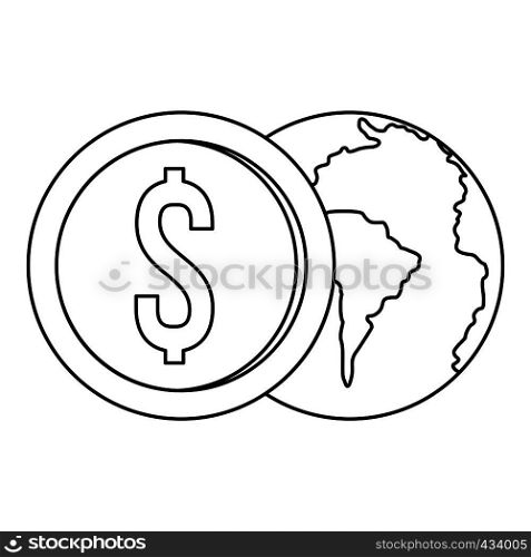 World planet and dollar coin icon in outline style isolated on white background vector illustration. World planet and dollar coin icon, outline style