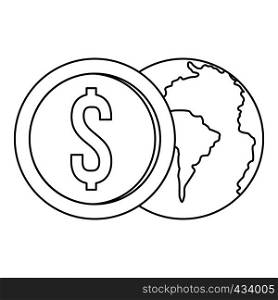 World planet and dollar coin icon in outline style isolated on white background vector illustration. World planet and dollar coin icon, outline style