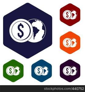 World planet and dollar coin icons set hexagon isolated vector illustration. World planet and dollar coin icons set hexagon