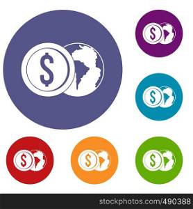 World planet and dollar coin icons set in flat circle red, blue and green color for web. World planet and dollar coin icons set
