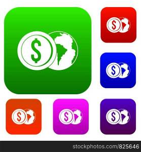 World planet and dollar coin set icon color in flat style isolated on white. Collection sings vector illustration. World planet and dollar coin set color collection