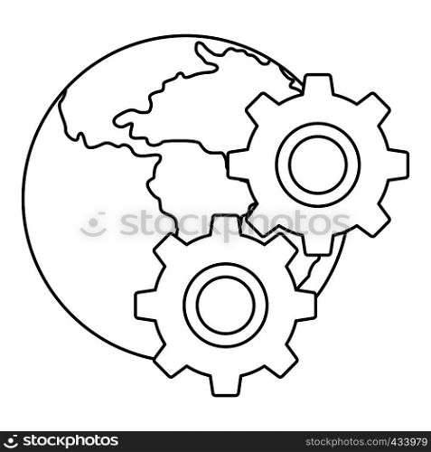 World planet and gears icon in outline style isolated on white background vector illustration. World planet and gears icon, outline style