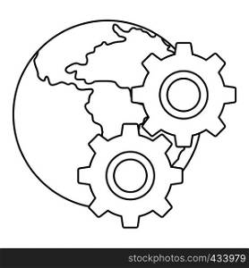 World planet and gears icon in outline style isolated on white background vector illustration. World planet and gears icon, outline style