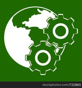 World planet and gears icon white isolated on green background. Vector illustration. World planet and gears icon green