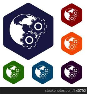World planet and gears icons set hexagon isolated vector illustration. World planet and gears icons set hexagon