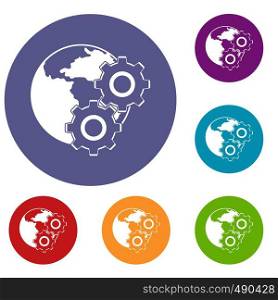 World planet and gears icons set in flat circle red, blue and green color for web. World planet and gears icons set