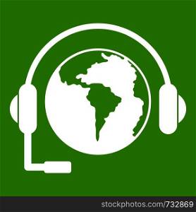 World planet and headset icon white isolated on green background. Vector illustration. World planet and headset icon green