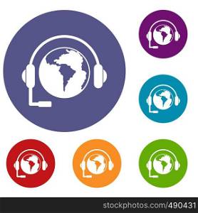 World planet and headset icons set in flat circle red, blue and green color for web. World planet and headset icons set