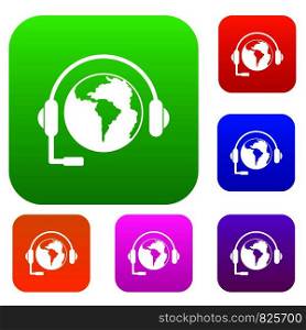 World planet and headset set icon color in flat style isolated on white. Collection sings vector illustration. World planet and headset set color collection