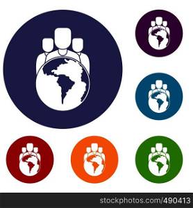 World planet and people icons set in flat circle red, blue and green color for web. World planet and people icons set