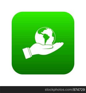 World planet in man hand icon digital green for any design isolated on white vector illustration. World planet in man hand icon digital green