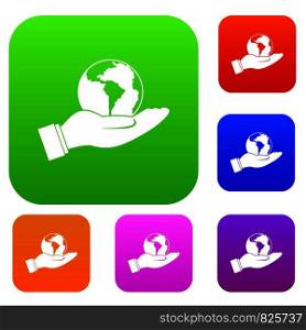 World planet in man hand set icon color in flat style isolated on white. Collection sings vector illustration. World planet in man hand set color collection