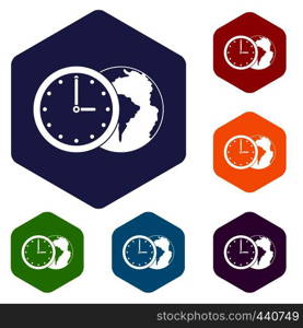 World planet with watch icons set hexagon isolated vector illustration. World planet with watch icons set hexagon