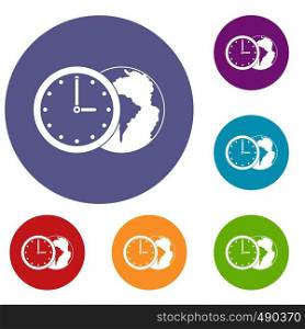 World planet with watch icons set in flat circle red, blue and green color for web. World planet with watch icons set
