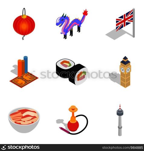 World play icons set. Isometric set of 9 world play vector icons for web isolated on white background. World play icons set, isometric style