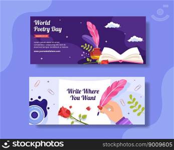 World Poetry Day Horizontal Banner with Paper and Quill Flat Cartoon Hand Drawn Templates Illustration