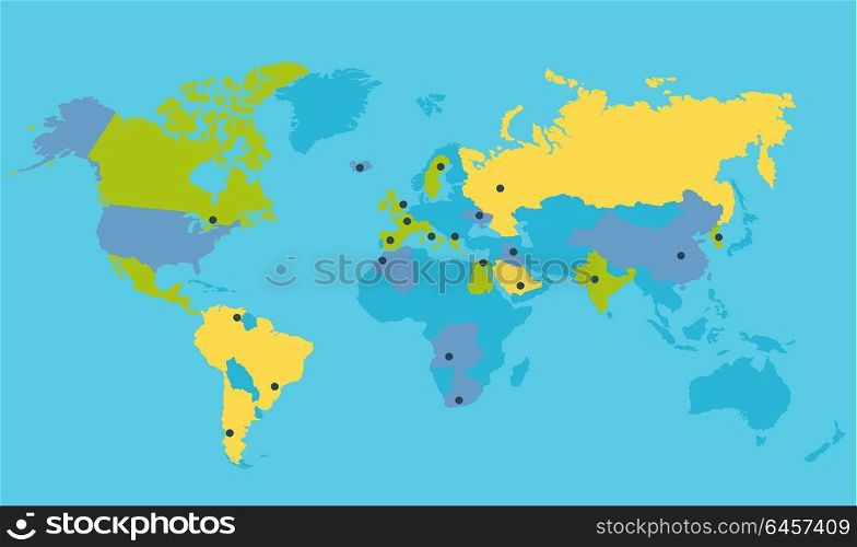 World Political Map Vector Illustration. World political map vector illustration. Colored countries silhouettes with important points on the planet surface. Global world concept. World trip navigation.