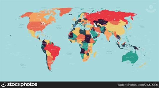 World political vector detailed map in modern colors. World political vector detailed map