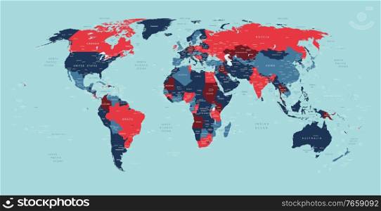 World political vector detailed map in modern colors. World political vector detailed map