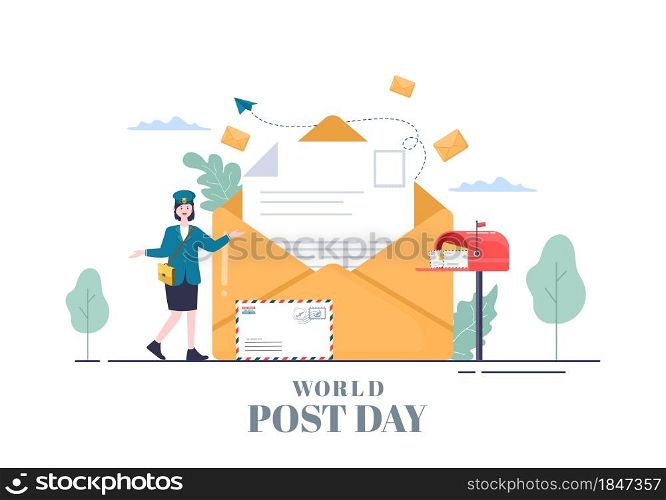 World Post Day Background Which is Celebrated on October 9 with Mail Box, Map, Bird or Letter for Greeting, Poster, Profile Photo. Vector Illustration