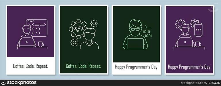 World programmer day postcards with linear glyph icon set. Greeting card with decorative vector design. Simple style poster with creative lineart illustration. Flyer with holiday wish. World programmer day postcards with linear glyph icon set