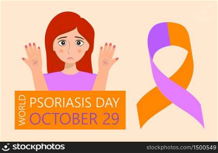 World Psoriasis Day in October 29th. Sad cute girl and orange purple ribbon are shown. Disease of the skin and dermatological problems. Health care concept vector for flyer, banner, web.. World Psoriasis Day in October 29th. Sad cute girl and orange purple ribbon are shown.