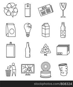 World recycles day icon set. Outline set of world recycles day vector icons for web design isolated on white background. World recycles day icon set, outline style