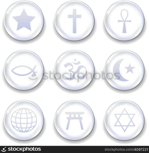 World religious icons on glass orb vector button set