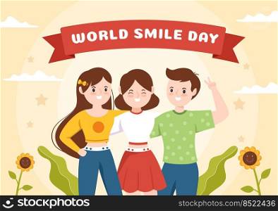 World Smile Day Hand Drawn Cartoon Illustration with Smiling Youth and Happiness Face in Flat Style Background