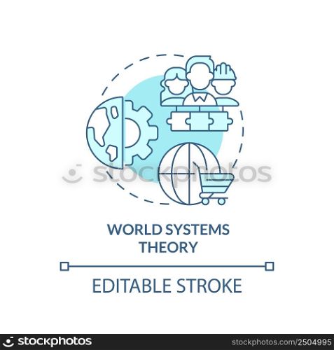 World systems theory turquoise concept icon. Worldwide interdependent economics abstract idea thin line illustration. Isolated outline drawing. Editable stroke. Arial, Myriad Pro-Bold fonts used. World systems theory turquoise concept icon