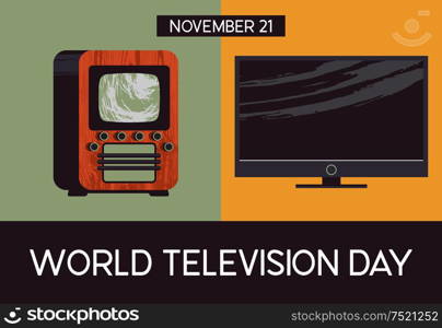 World television day. November 21. Vector illustration, poster, greeting card, banner in retro style. Collection of old vintage and modern TVs. November 21 is world television day. Vector illustration in retro style.