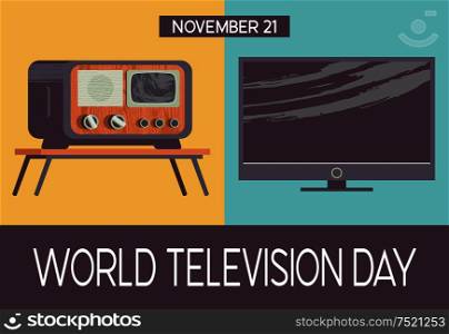 World television day. November 21. Vector illustration, poster, greeting card, banner in retro style. Collection of old vintage and modern TVs. November 21 is world television day. Vector illustration in retro style.