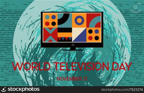 World television day. November 21. Vector illustration, poster, greeting card, banner in retro style. Modern TV on a background of the Earth. November 21 is world television day. Vector illustration in retro style.