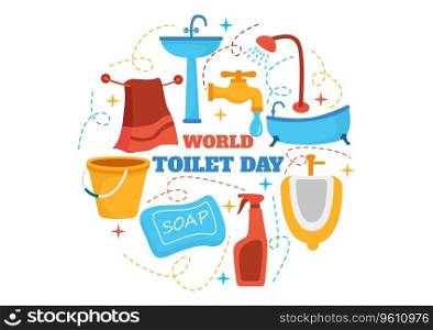 World Toilet Day Vector Illustration on 19 November with Earth and Equipment for Bathroom Hygiene Awareness in Flat Cartoon Background Design