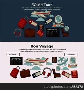 World tour and bon voyage promotional Internet posters with huge airline, baggage for travel, international passports, departures timetable, modern headphones and soft seats vector illustrations.. World tour and bon voyage promotional Internet posters