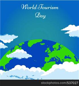 World tourism day background with green Earth and clouds vector illustration poster