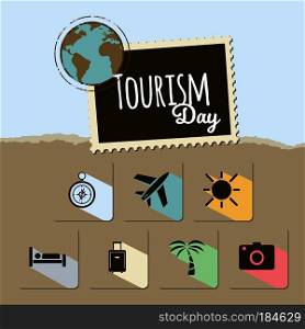 World Tourism day card on blue and brown background. Vector illustration