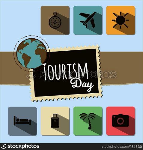 World Tourism day card on blue background. Vector illustration