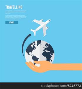 World travel aircraft jet flying around the earth globe icon with caring holding hand abstract vector illustration