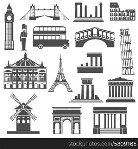 World travel famous places and monuments black icons set with arc de triumph abstract isolated vector illustration. Travel landmark black icons set