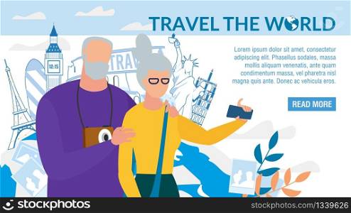 World Travel for Retired People Landing Page Design. Homepage with Happy Aged Senior Man Woman Couple Taking Memory Selfie Photo via Smartphone. Online Tour Agency Service. Vector Illustration