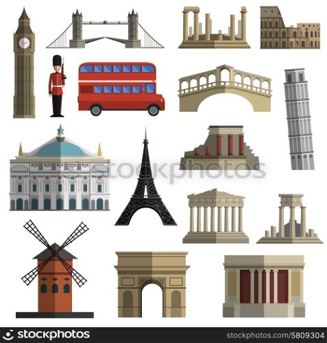 World travel historical landmarks sightseeing bus tours flat icons set with tower bridge abstract isolated vector illustration. Travel landmark flat icons set