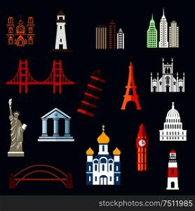 World travel landmarks flat icons with Statue of Liberty, Eiffel and Pisa towers, Big Ben, ancient temples, orthodox church, USA capitol, abstract skyscrapers, lighthouses and bridges. World travel landmarks flat icons