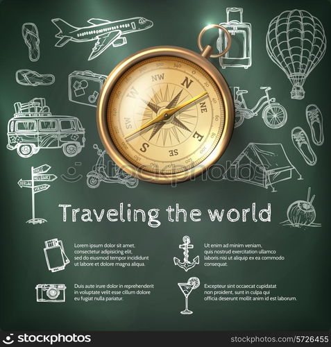 World travel poster with compass and tourism and holiday chalkboard elements vector illustration