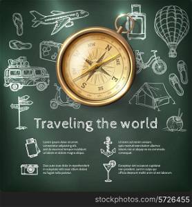 World travel poster with compass and tourism and holiday chalkboard elements vector illustration
