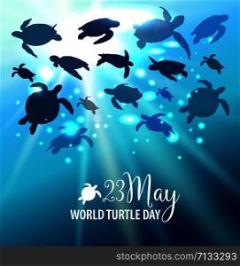 World Turtle Day 23 May background. Turtle swims in the ocean against the background of the sun.. World Turtle Day 23 May background. Turtle swims in the ocean against the background of the sun. Vector illustration