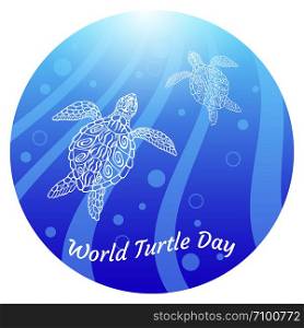 World Turtle Day. Water turtles swim up. Rays, bubbles, light. Drawing in ethnic aboriginal style. Blue background. In a round frame. World Turtle Day. Water turtles swim up. In a round frame